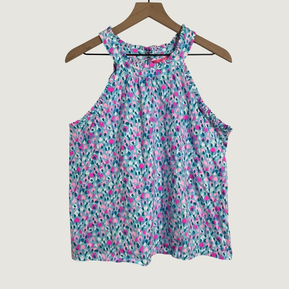 Lilly Pulitzer Halter Top Womens L Blue Pink Leopard Floral Ruffle Resort Boho